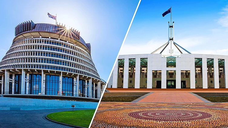 Two images: on the left, New Zealand’s Beehive Parliament building; on the right, Australia’s Parliament House.