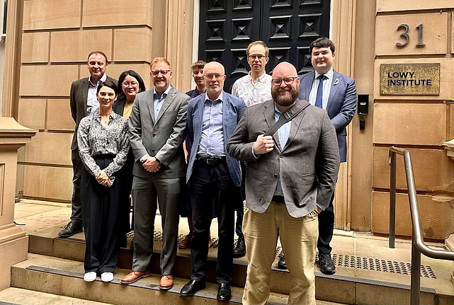The members of the visiting delegation posing in front of the Lowy Institute building together with Lowy Institute Staff who participated in the joint discussion